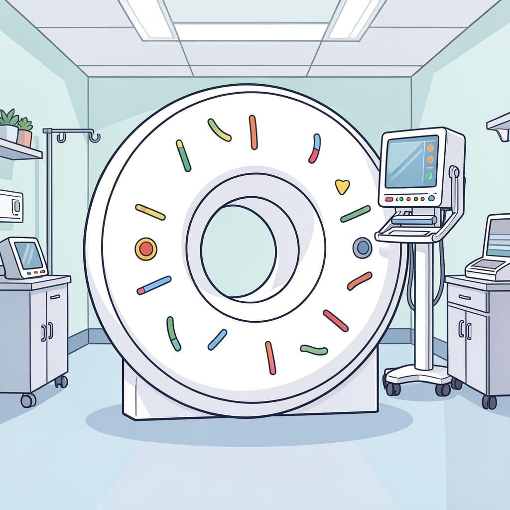 Een grote witte ronde medische MRI- of CT-scannermachine in een lichte, schone kamer.