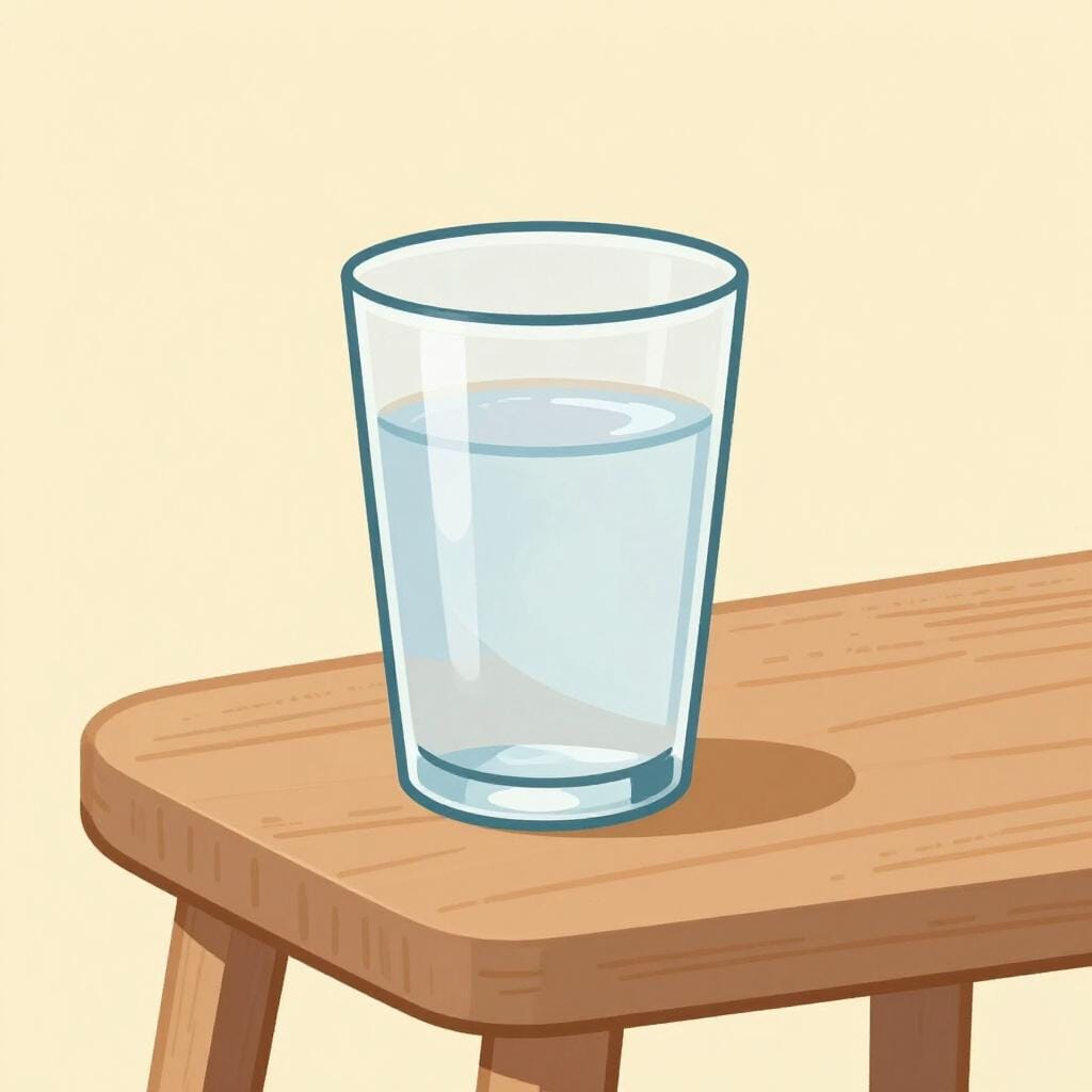 A simple storybook illustration of a single glass of water on a small wooden table, representing a basic necessity.