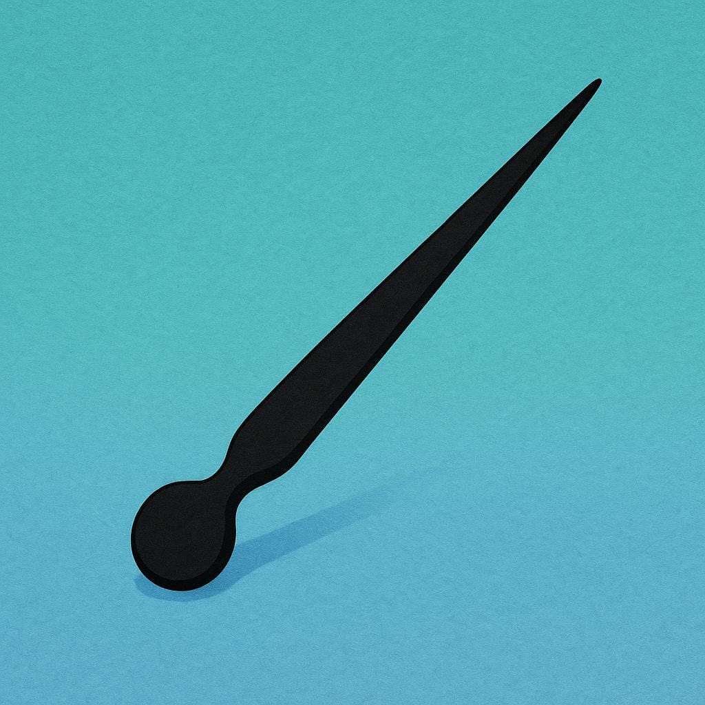 A long, thin, black pointer, sharply tapered at one end, designed to function as an indicator or clock hand.