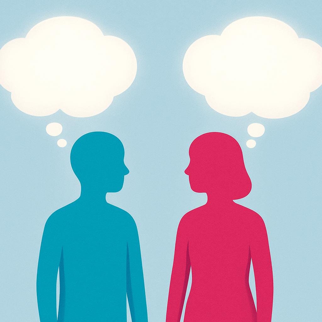 Two stylized figures standing side-by-side, each having a large, bright thought bubble floating above their head, symbolizing active minds.