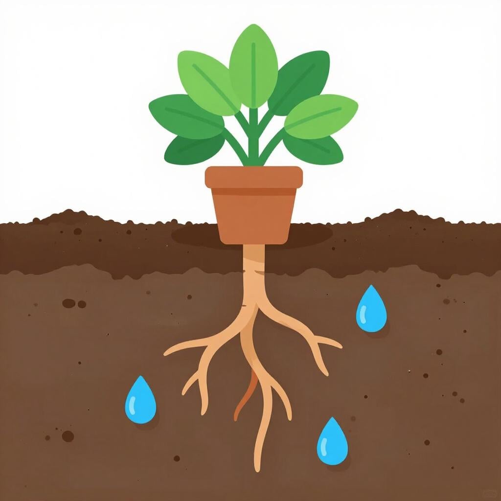 透明なポットに入った鮮やかな緑色の植物で、土から滴る明るい青色の水滴を吸収している様子が見える。