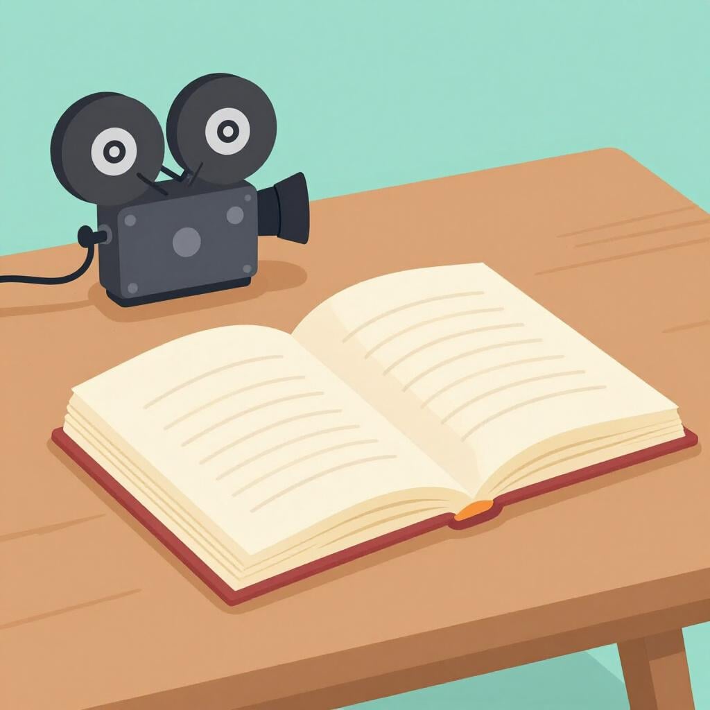 Een open boek met een kleine filmcamera ernaast.