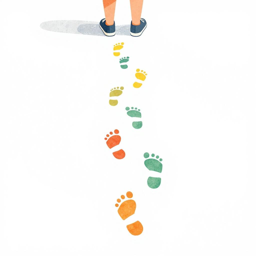 Una fila di impronte colorate che portano a un singolo paio di scarpe.