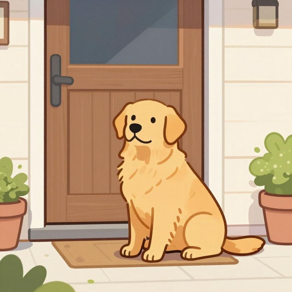 Ein freundlicher Golden Retriever sitzt vor einer Haustür und wartet auf seinen Besitzer.