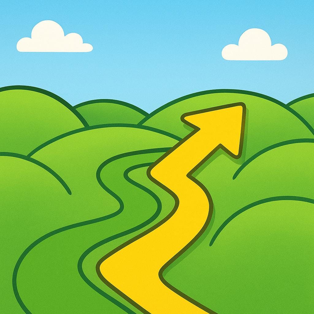 A winding path shown on a simple cartoon map with a large, bright yellow directional arrow pointing the way forward.