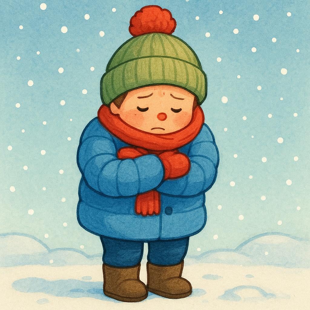 A small child bundled in a thick coat and scarf, hugging themselves and shivering dramatically in a cold, snowy setting.
