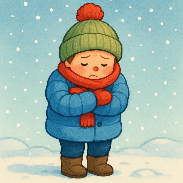 Een klein kind, ingepakt in een dikke jas en sjaal, omhelst zichzelf en rilt dramatisch in een koude, besneeuwde omgeving.