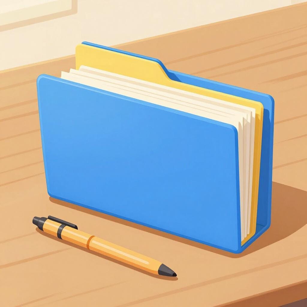Una pila ordinata di cartelle colorate su una scrivania pulita accanto a una penna.