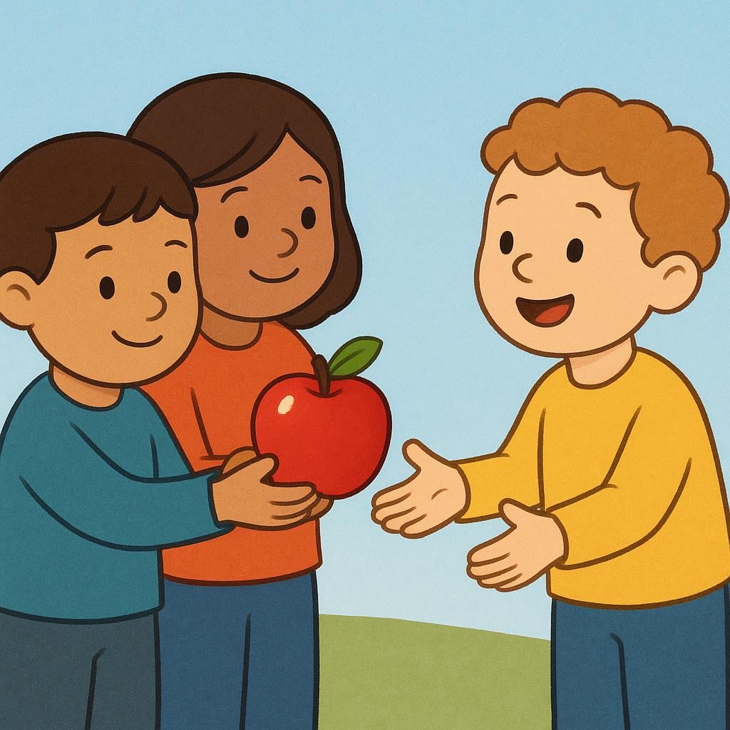 Two smiling cartoon figures, standing side-by-side, jointly holding a bright red apple between them and extending it towards a third figure who is reaching out to receive the fruit.