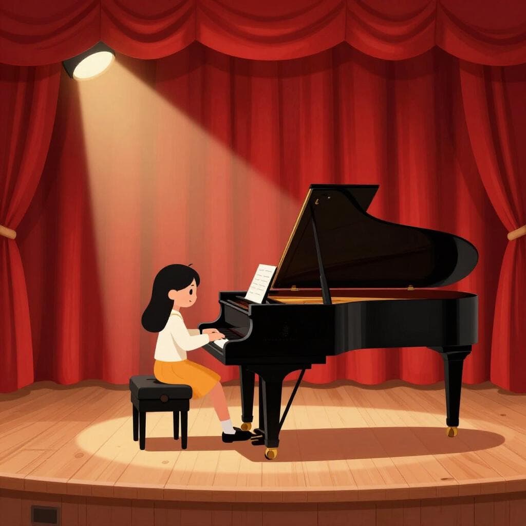 Ein junges Mädchen spielt auf einem Flügel auf einer Holzbühne vor einem roten Vorhang.