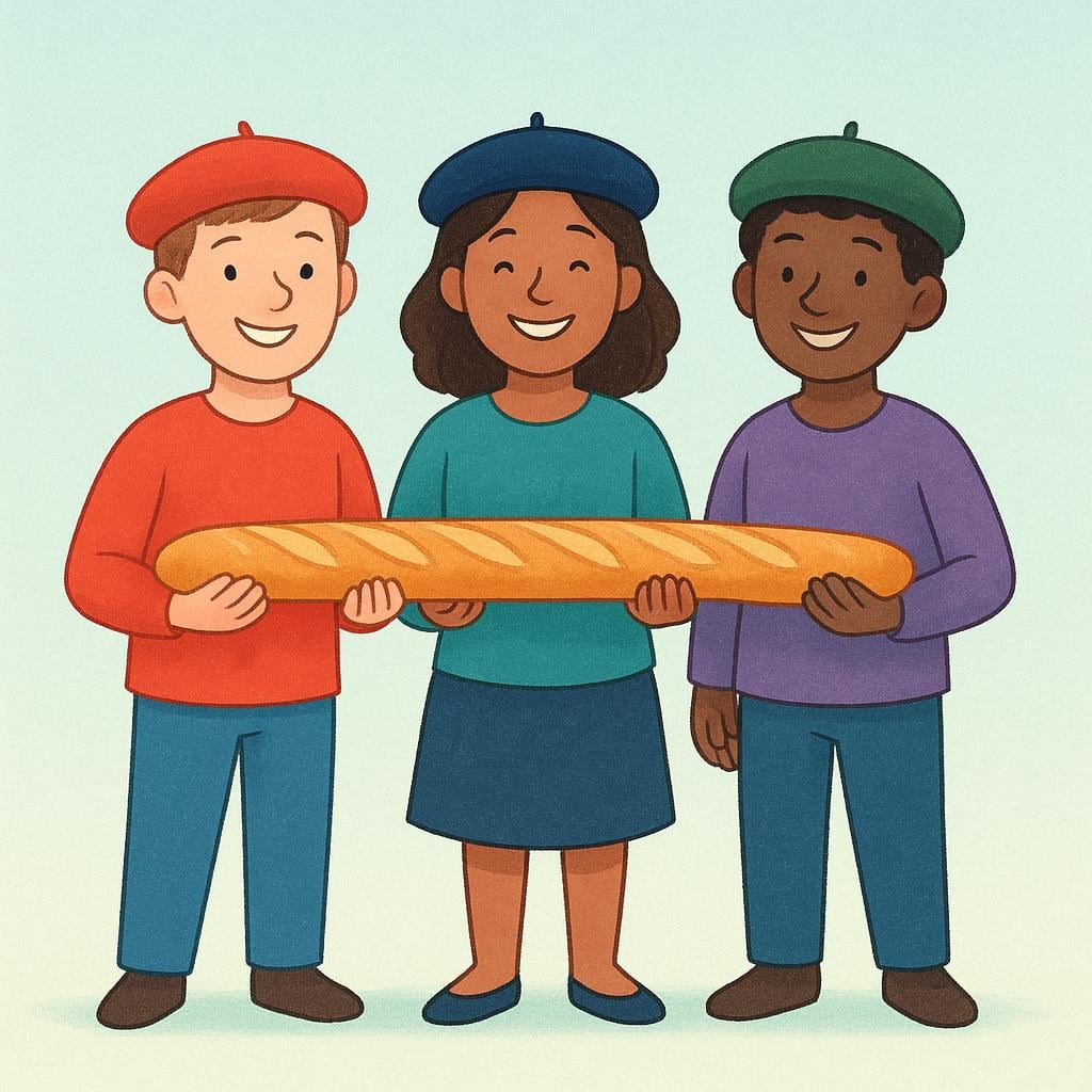 A colorful illustration showing three smiling people, each wearing a red beret and holding a long baguette under their arm, representing French people.