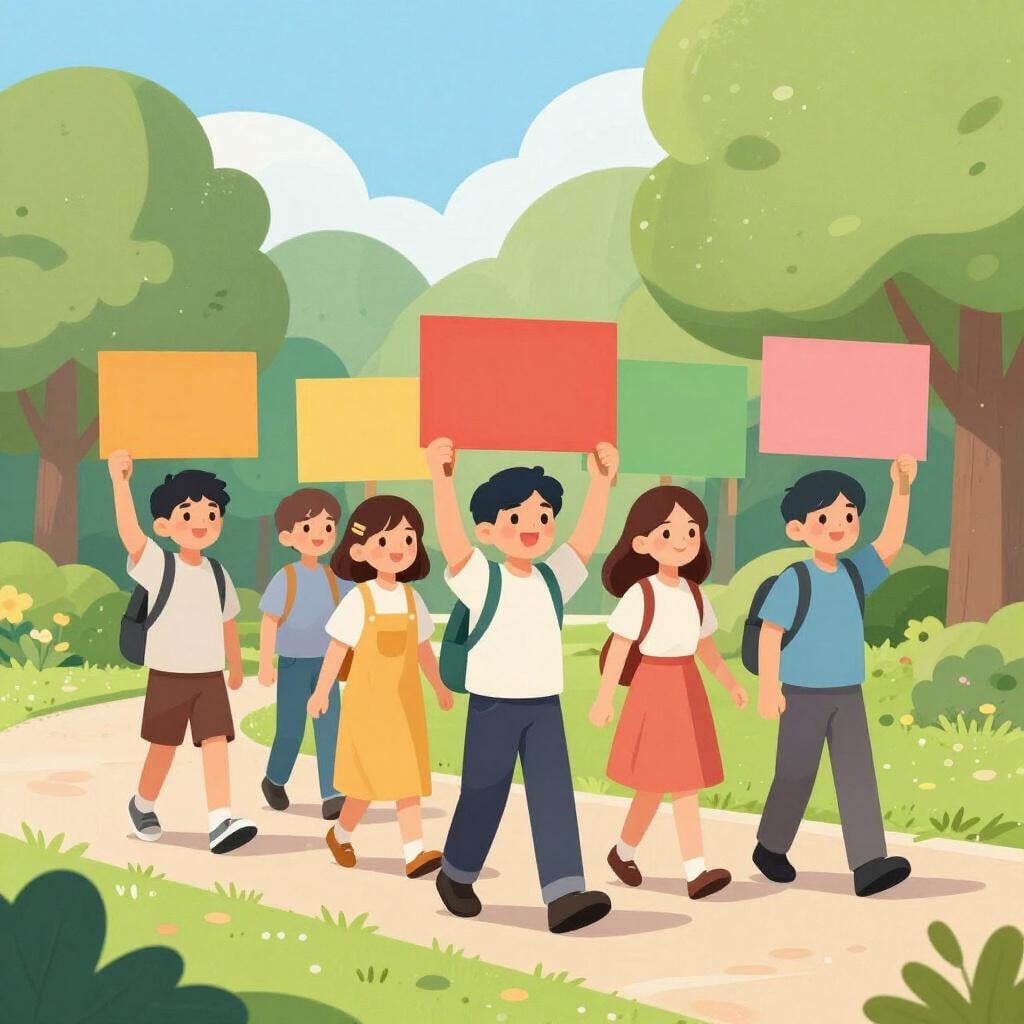 A group of diverse people marching together outdoors and holding up blank colorful signs.