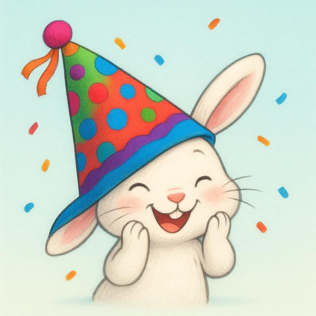 A cartoon rabbit wearing a silly, oversized, brightly colored party hat that is tilted sideways, laughing heartily.