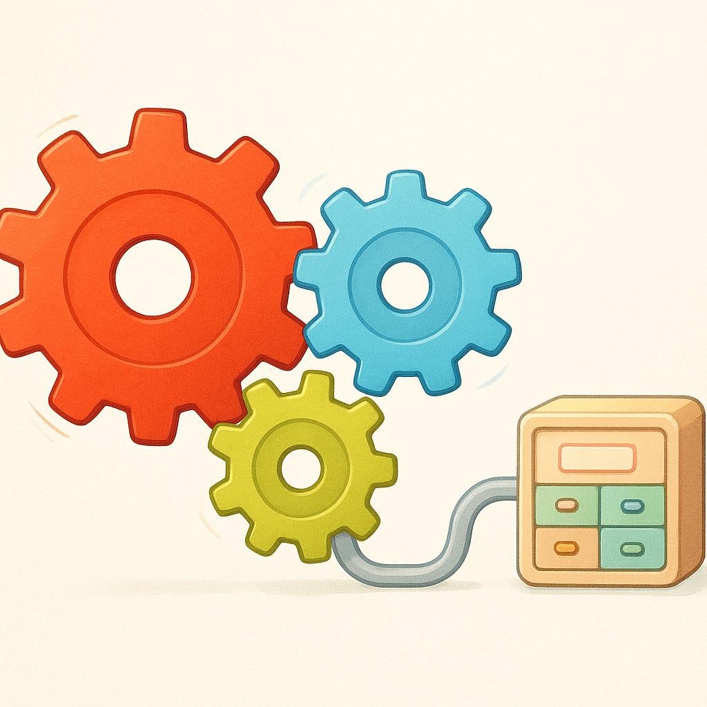 A simple illustration of a mechanical system showing three large, brightly colored gears meshing perfectly, connected by a pipe to a small, organized box, symbolizing connectivity.