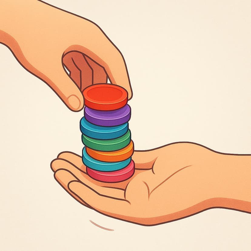한 사람이 다른 사람의 손바닥에 빛나는 황금 동전 더미를 올려놓는 모습을 클로즈업한 사진으로, 지불 행위를 묘사합니다.