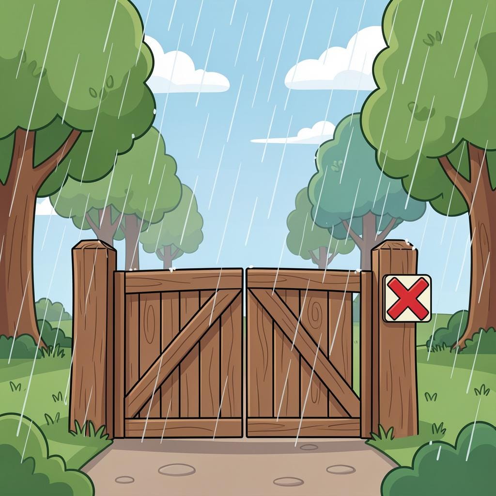 A rainy park with a closed gate and a sign showing a red circle with a line through it, indicating a cancelled outdoor event.