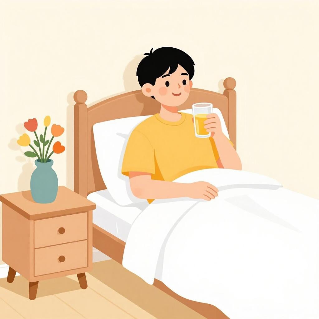 Eine Person, die lächelnd aufrecht im Bett sitzt und ein Glas Orangensaft trinkt.