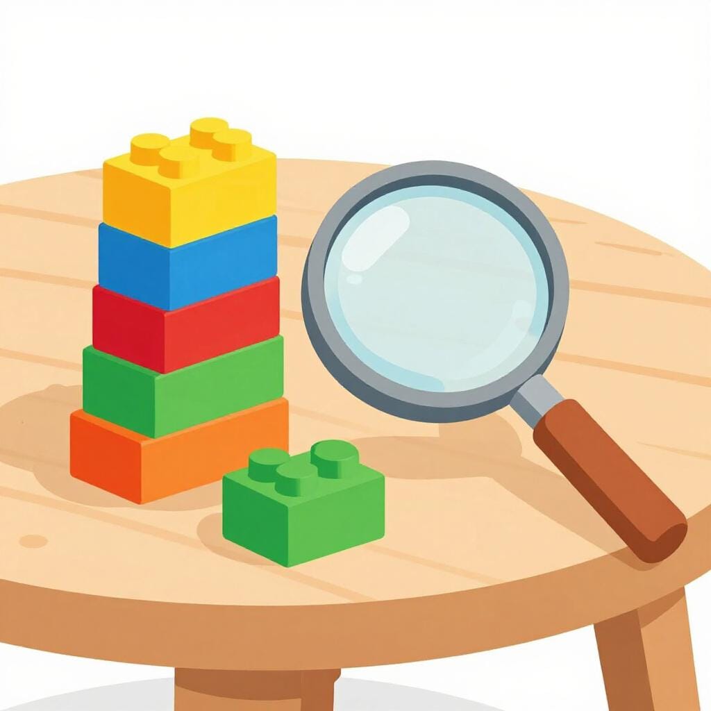 木製のテーブルの上に置かれた、カラフルな積み木と虫眼鏡。