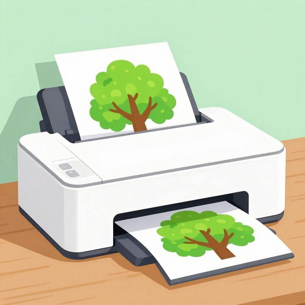 A modern printer outputting a piece of paper with a colorful picture of a tree on it.