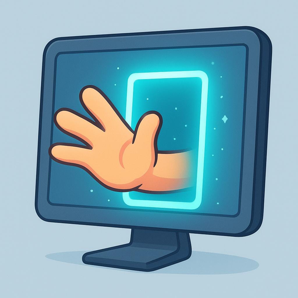 Una mano stilizzata che entra attraverso uno schermo di computer rettangolare luminoso, a simboleggiare l'accesso alle informazioni digitali.