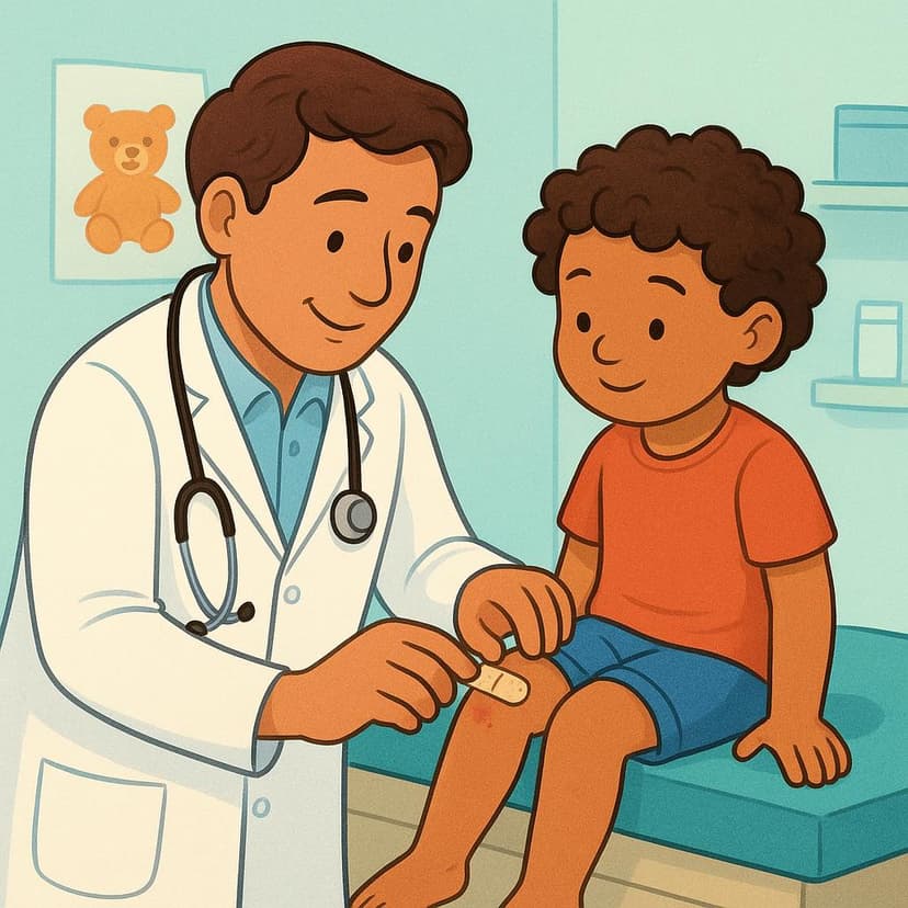 A doctor wearing a white coat, gently applying a small bandage to a child's knee, symbolizing continuous care.