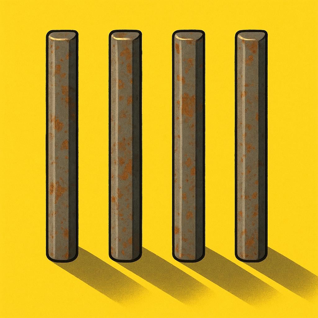 A close-up view of four vertical, gray metal bars forming a simple cage or railing, emphasizing the parallel structure.