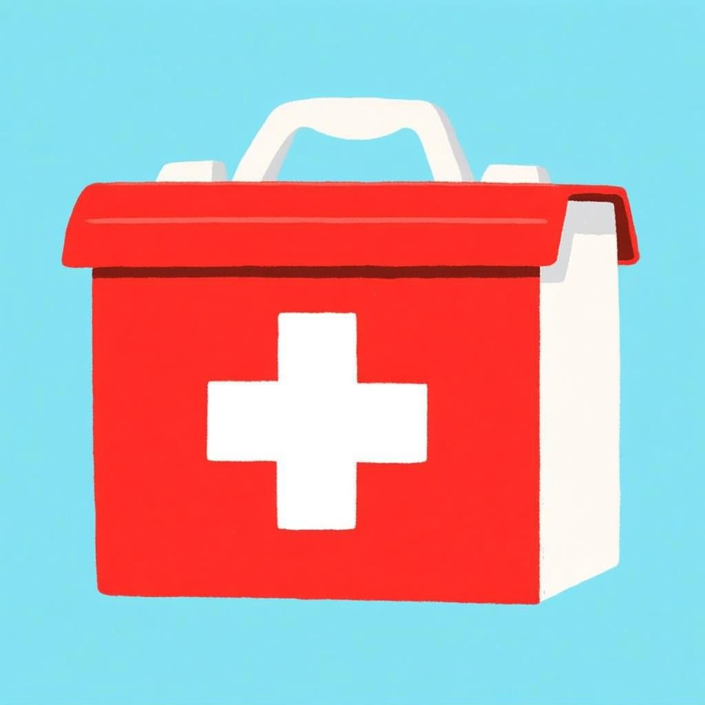 A simple, closed red and white first aid kit box with a prominent white cross symbol, representing medical supplies.