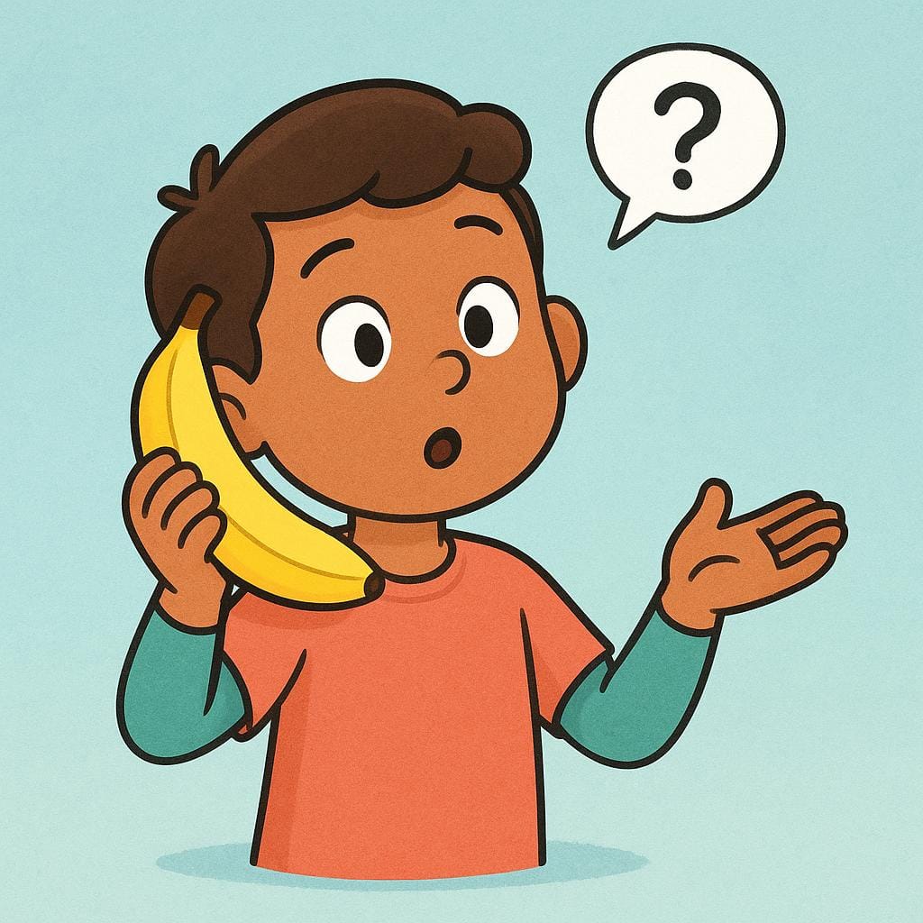 A cartoon figure looking puzzled while holding a banana up to their ear as if it were a phone receiver.