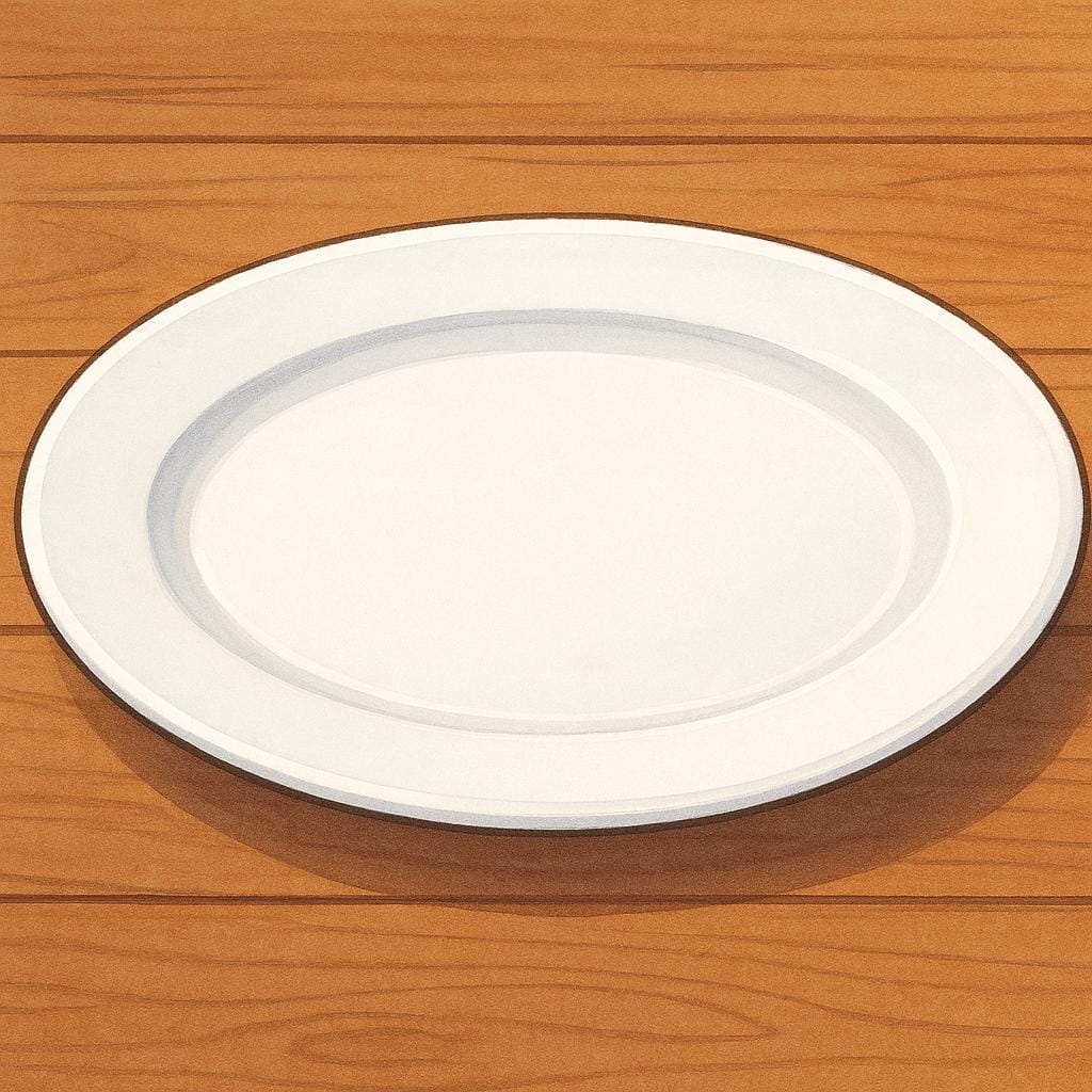 A large, empty, oval white ceramic serving platter resting on a wooden table.