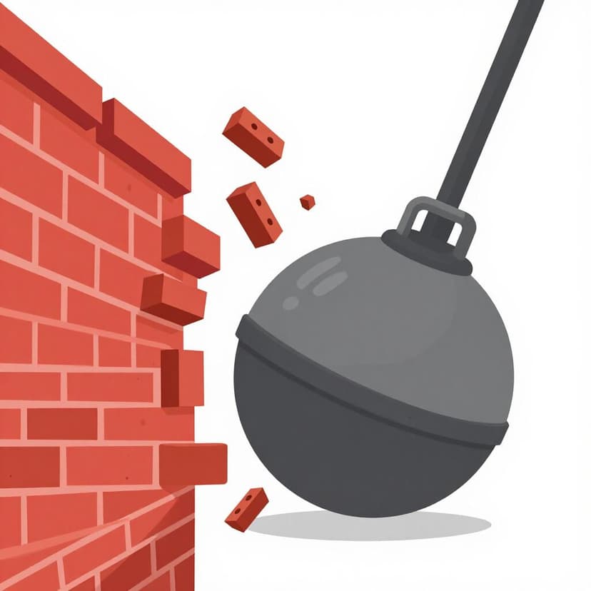 A heavy metal wrecking ball striking a red brick wall and breaking it apart.