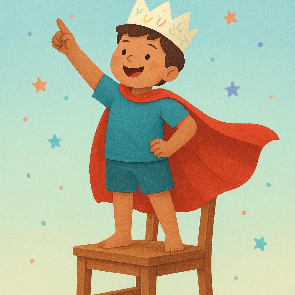 A child wearing a makeshift red cape and a paper crown, striking a dramatic pose while standing on a small chair, clearly pretending to be royalty.