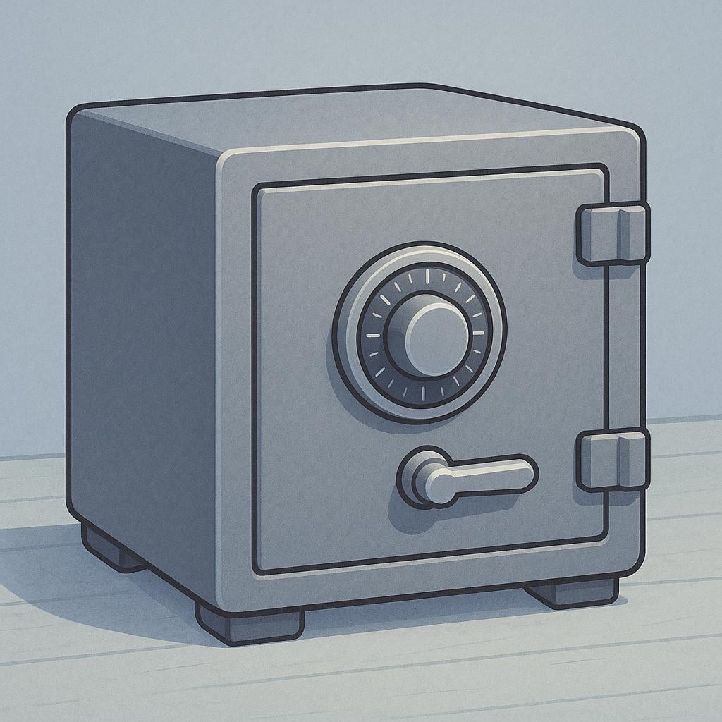 A heavy, gray metal safe with a large turning handle and a combination lock on the door.