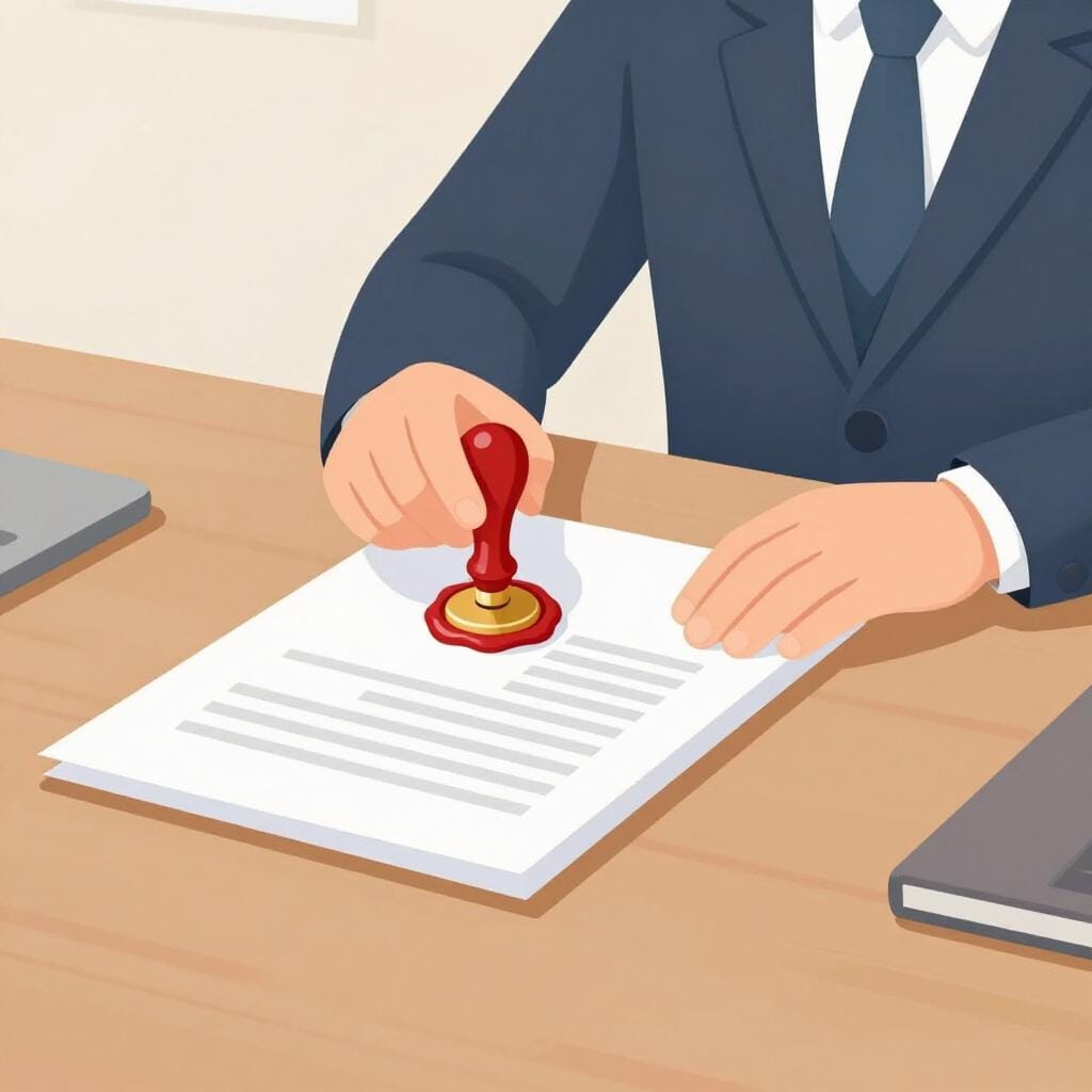 Ein freundlicher Profi sitzt am Schreibtisch und drückt ein goldenes Siegel auf ein dickes Papierdokument.