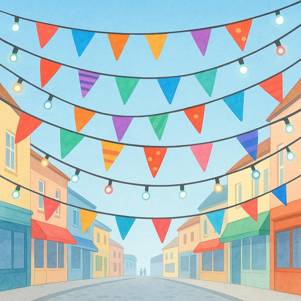 A street decorated with colorful festive flags and strings of glowing lights hanging overhead.
