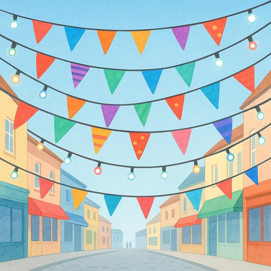 A street decorated with colorful festive flags and strings of glowing lights hanging overhead.
