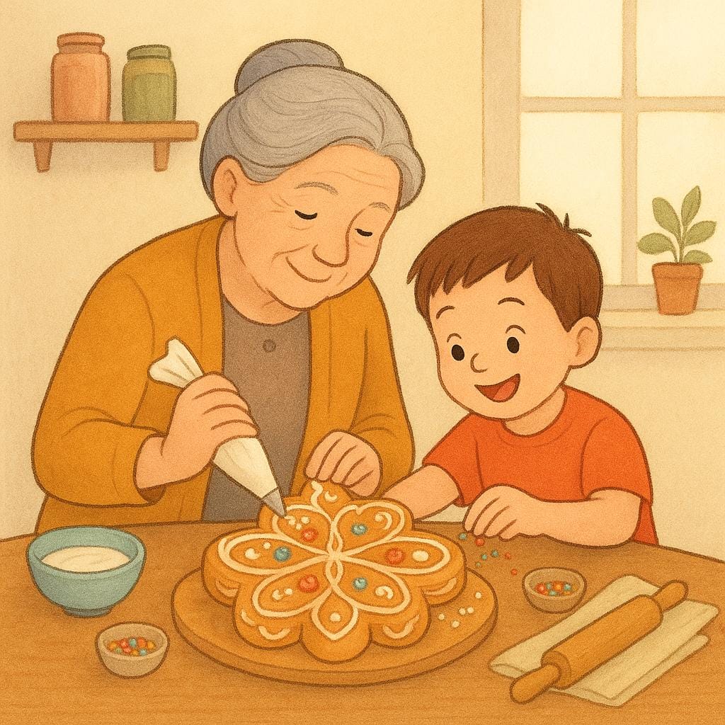 A colorful storybook illustration showing an older woman and a young child sitting at a table, jointly decorating a large, intricately shaped cultural pastry.