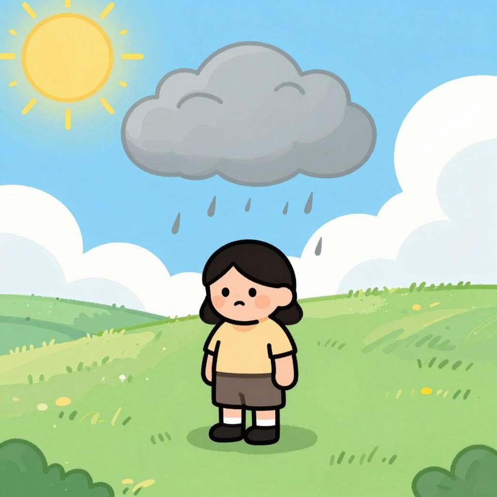 Uma pessoa triste olhando para uma pequena nuvem escura de chuva sobre a cabeça, enquanto o resto do céu está ensolarado.