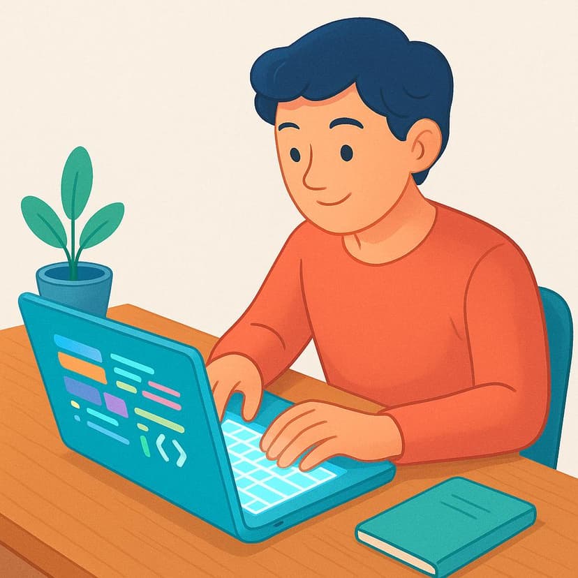 A stylized illustration of a young person sitting at a desk, actively typing on a laptop keyboard, engaged in coding or setting up a plan.