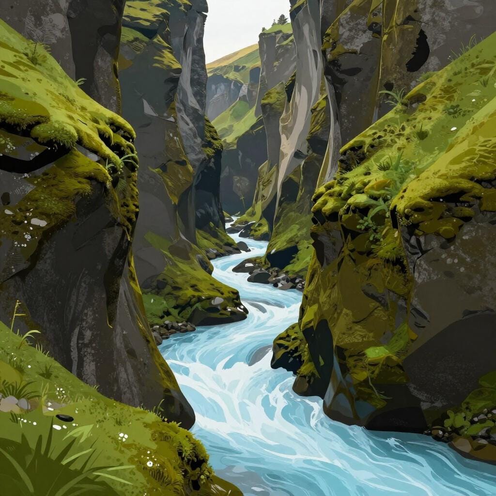A dramatic, narrow river canyon with steep rock walls and a powerful river flowing through the base.