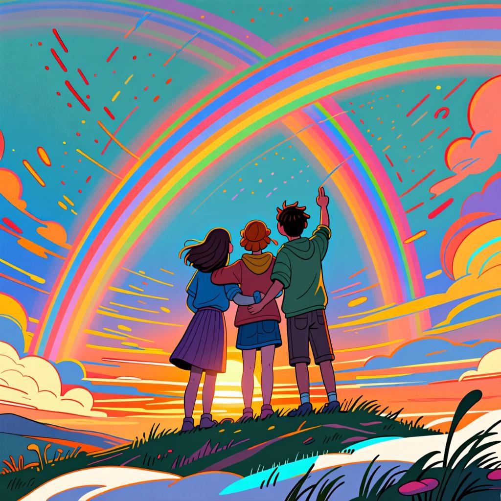 Drei Personen stehen eng beieinander auf einem Hügel und blicken alle intensiv auf einen leuchtenden Doppelregenbogen am Himmel.