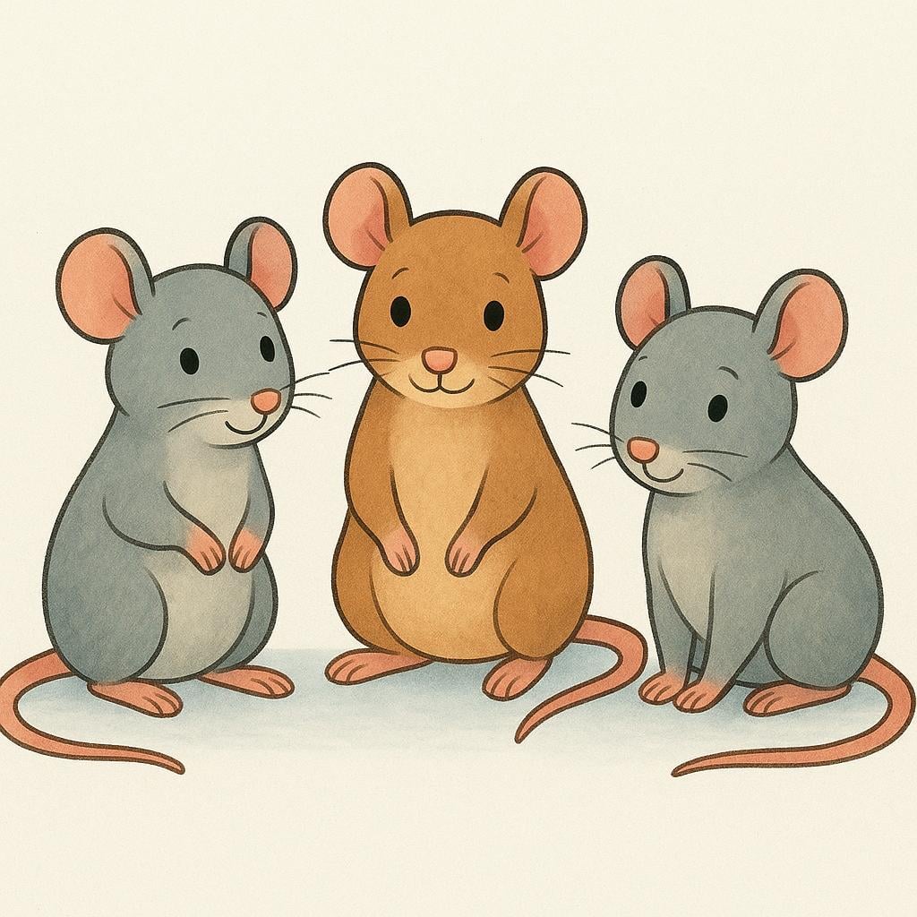 A group of three small gray and brown rats standing close together, illustrating the rodent meaning of the word.
