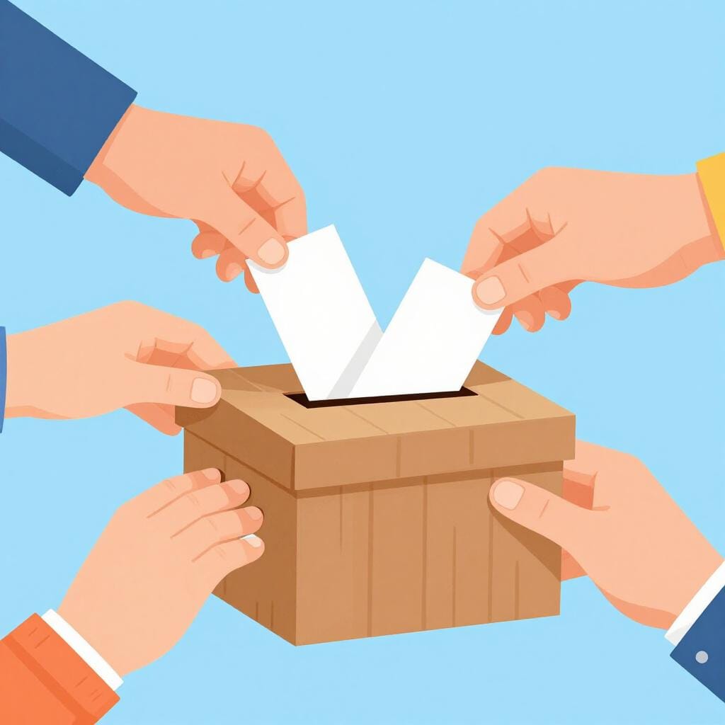 A diverse group of people dropping paper slips into a wooden ballot box.