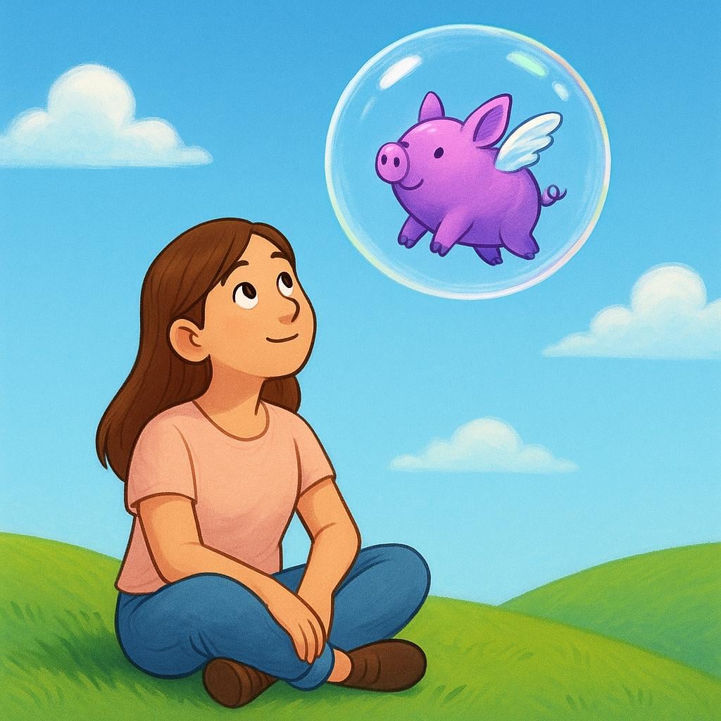 A storybook illustration of a woman sitting on a hill, looking up at a thought bubble above her head. Inside the bubble is a fantastical image of a purple pig with tiny wings flying, representing a hypothetical situation.