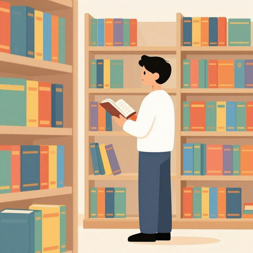 Eine Person in einer Bibliothek trägt einen Pullover, hält ein altes Buch und schaut nachdenklich in ein Bücherregal.