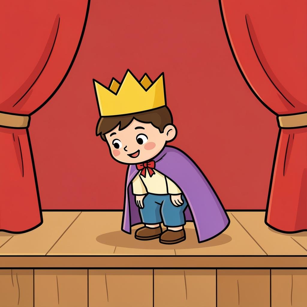 A child in a colorful costume bowing on a small wooden stage with a red curtain behind them.