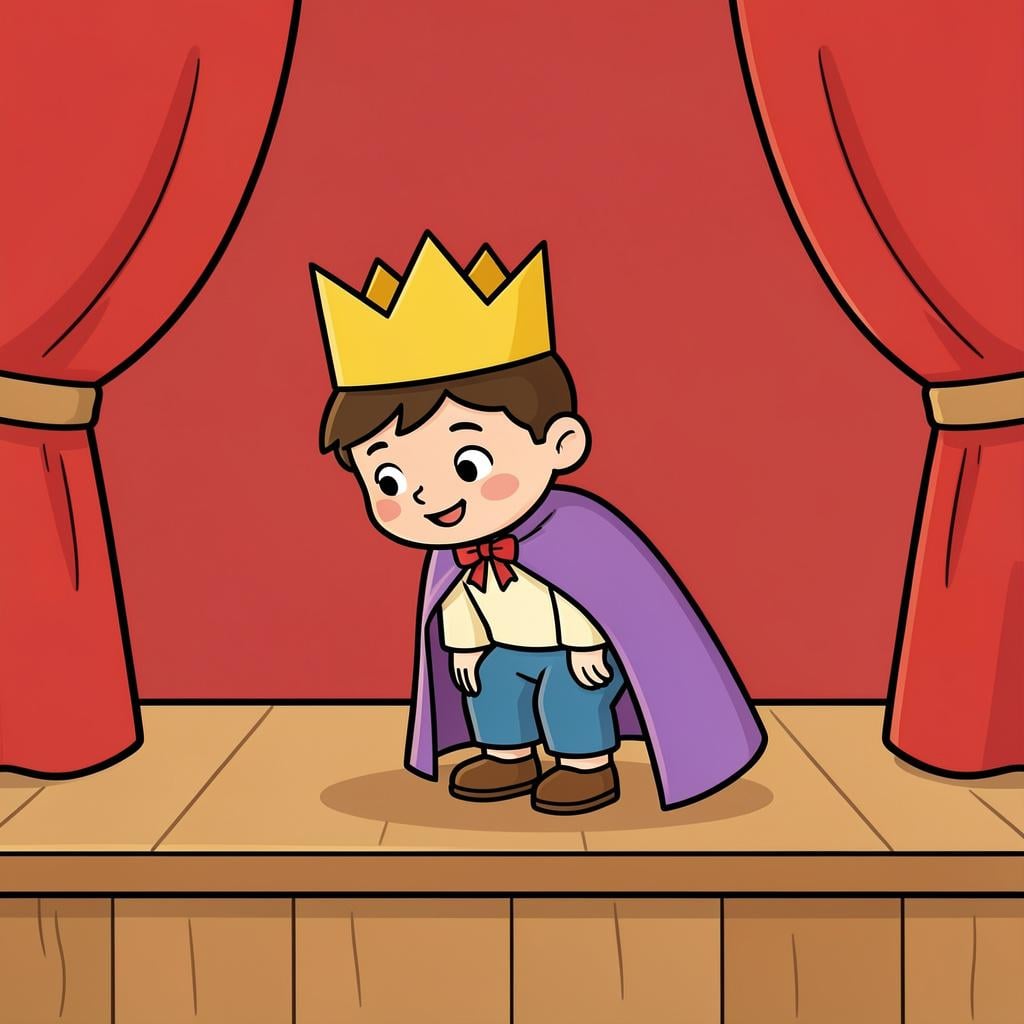 A child in a colorful costume bowing on a small wooden stage with a red curtain behind them.