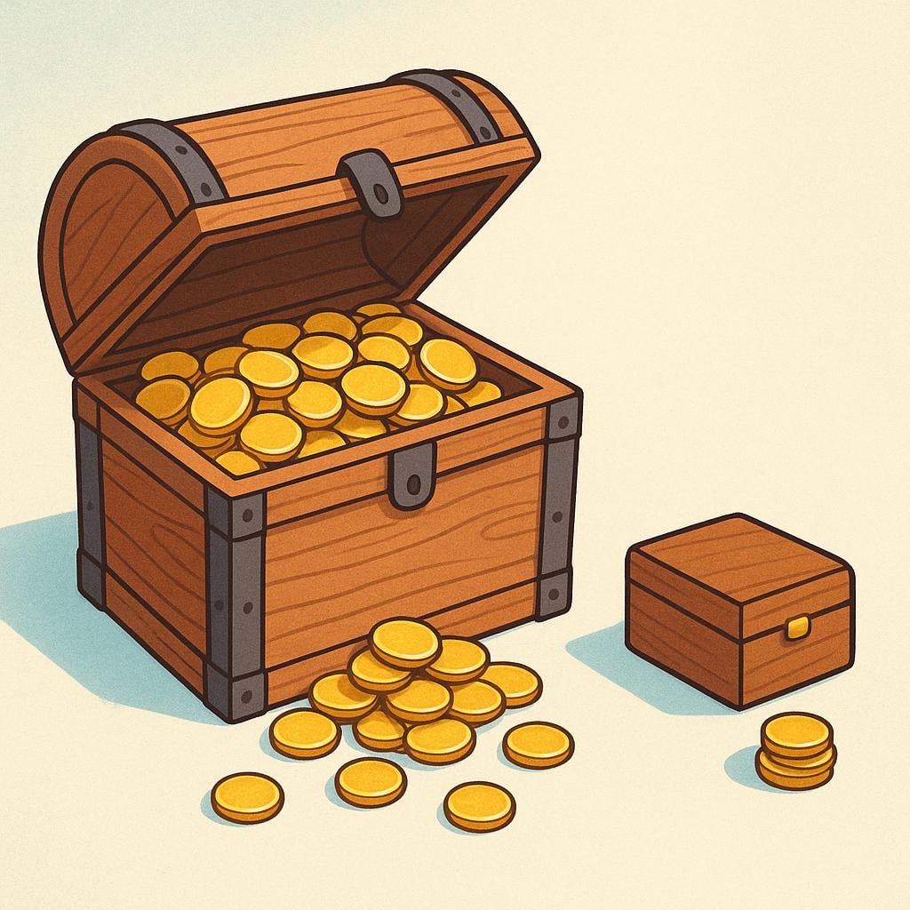A large, open wooden treasure chest overflowing with gold coins sits next to a much smaller, closed wooden box containing fewer gold coins.