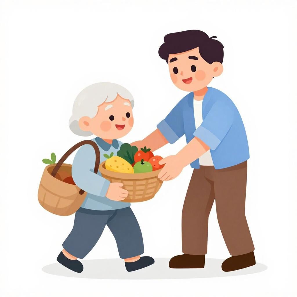 Um homem simpático com um sorriso caloroso ajudando uma pessoa idosa a carregar compras.