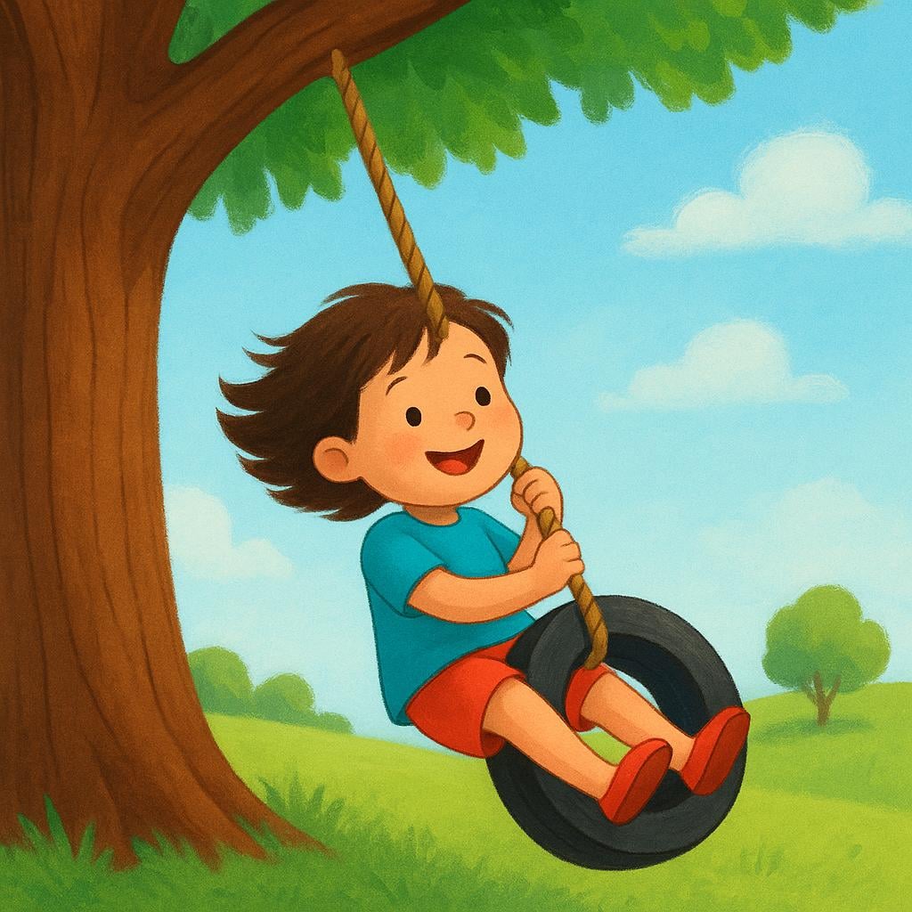 A small child happily swinging on a tire swing attached to a large tree branch.
