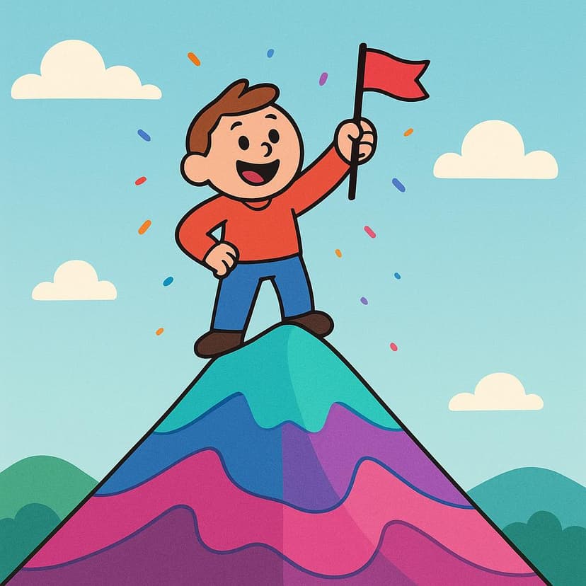 A brightly colored illustration of a small, triumphant character standing on a mountain peak, holding a small flag high above their head, symbolizing achievement.